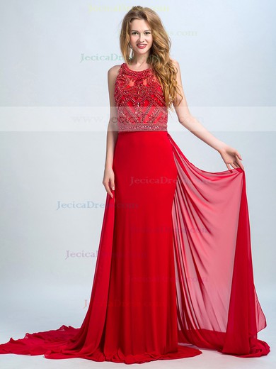 Ladies Sheath/Column Red Chiffon Pearl Detailing Court Train Prom Dress #JCD020102255