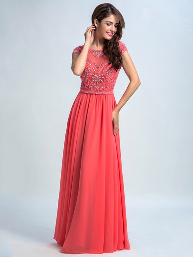 Sheath/Column Watermelon Chiffon Tulle Beading Scoop Neck Short Sleeve Prom Dress #JCD020102256