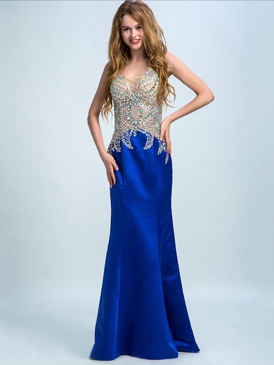 Backless V-neck Royal Blue Satin Tulle Crystal Detailing Trumpet/Mermaid Prom Dress #JCD020102257