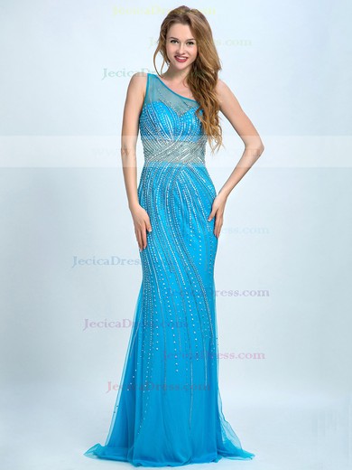 Sparkly Sheath/Column Tulle Beading Open Back One Shoulder Prom Dress #JCD020102258