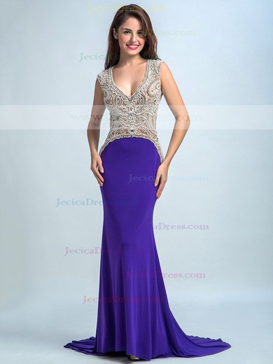 Trumpet/Mermaid Grape Tulle Silk-like Satin Crystal Detailing Backless V-neck Prom Dress #JCD020102259