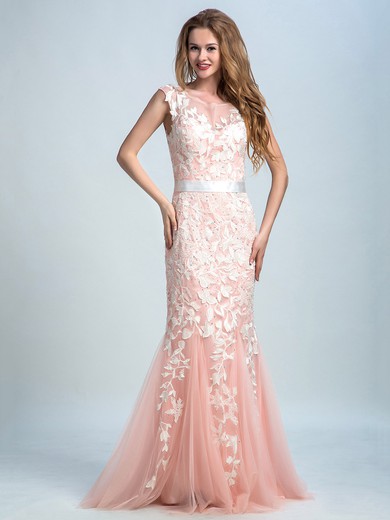 Trumpet/Mermaid Pink Tulle Beading Cap Straps Scoop Neck Prom Dress #JCD020102264