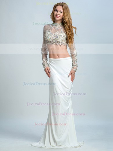 Two-pieces High Neck Chiffon Tulle Beading Sheath/Column Long Sleeve Prom Dress #JCD020102265
