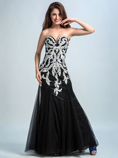 Original Sweetheart Black Tulle Appliques Lace Trumpet/Mermaid Prom Dresses #JCD020102268