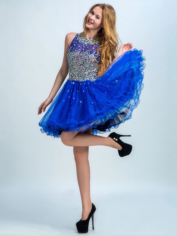 Pretty Scoop Neck Crystal Detailing Royal Blue Tulle Short/Mini Prom Dresses