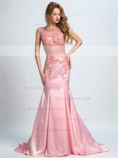Trumpet/Mermaid Pink Elastic Woven Satin Appliques Lace Sweep Train Cap Straps Prom Dresses #JCD020102274