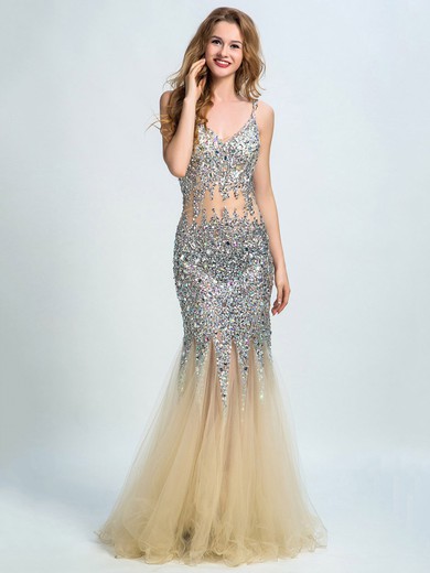 Trumpet/Mermaid Champagne Tulle Crystal Detailing Backless V-neck Prom Dresses #JCD020102276