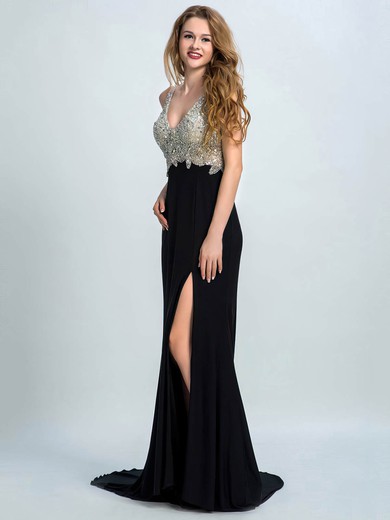 Online V-neck Black Chiffon Split Front Trumpet/Mermaid Prom Dresses #JCD020102277