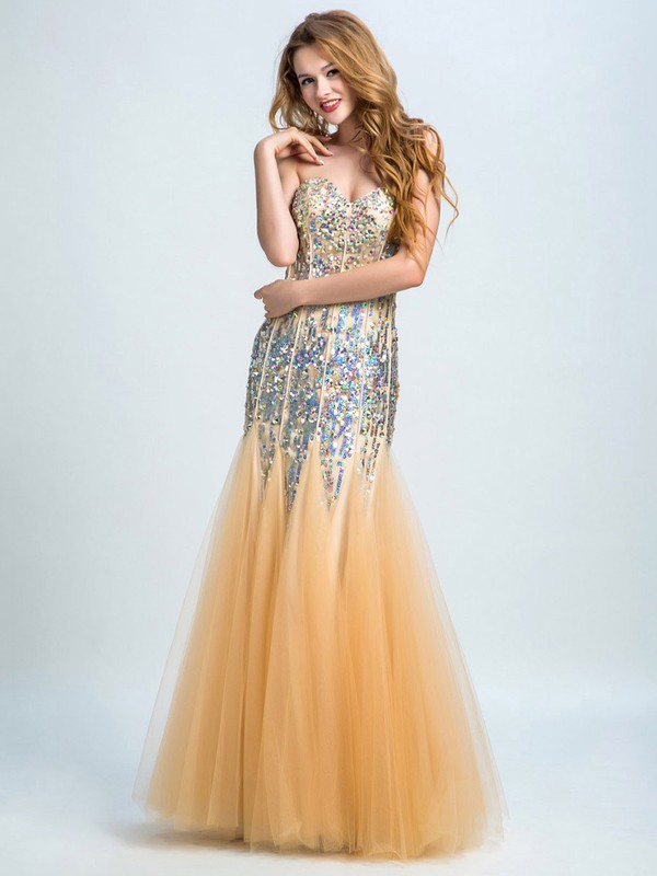 Different Champagne Tulle Trumpet/Mermaid Crystal Detailing Sweetheart Prom Dresses