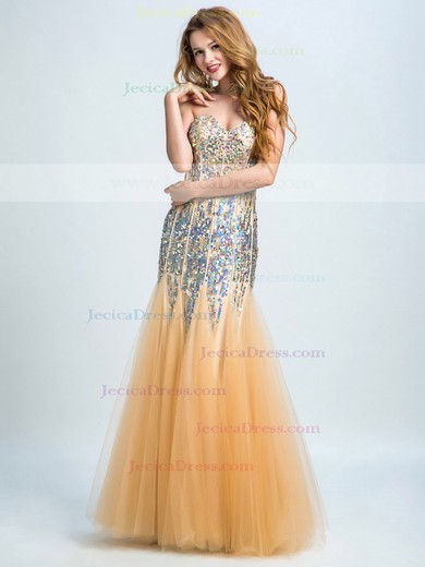 Different Champagne Tulle Trumpet/Mermaid Crystal Detailing Sweetheart Prom Dresses #JCD020102284