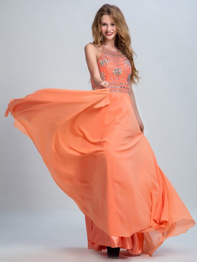 Orange Chiffon Floor-length Beading Backless Halter Prom Dresses #JCD020102285