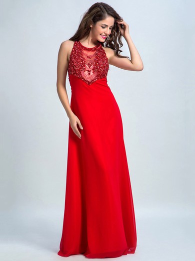 A-line Red Chiffon Tulle Beading Scoop Neck Elegant Prom Dresses #JCD020102286