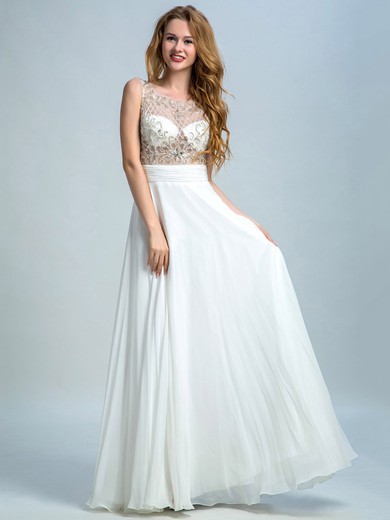 Scoop Neck White Chiffon Tulle Beading A-line Interesting Prom Dresses #JCD020102289