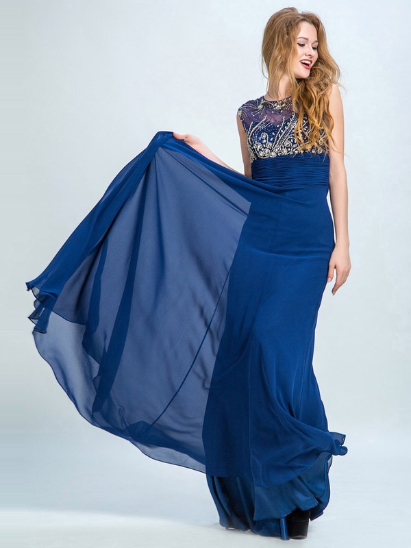 Royal Blue Chiffon Tulle A-line Beading Scoop Neck Cap Straps Prom Dresses