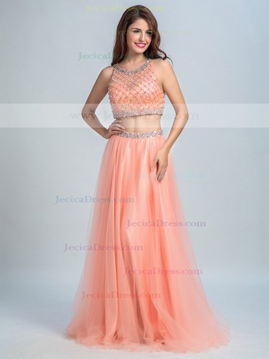 Scoop Neck Orange Tulle A-line Beading Two-pieces Prom Dresses #JCD020102292