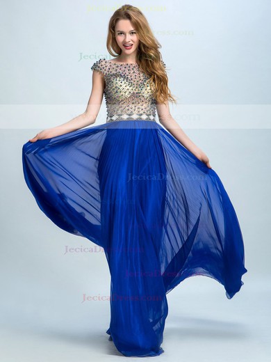 Royal Blue Chiffon Tulle Floor-length Beading Backless Scoop Neck Prom Dresses #JCD020102293