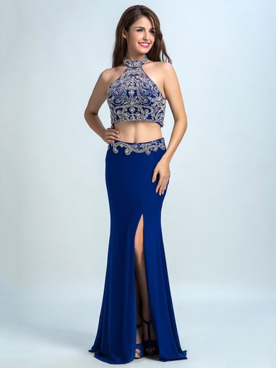 Trumpet/Mermaid Royal Blue Silk-like Satin Beading Two-pieces Halter Prom Dresses #JCD020102296