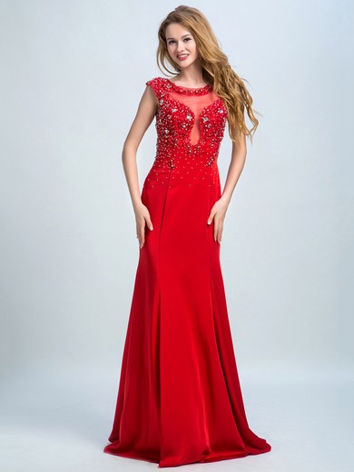 Red Satin Tulle Scoop Neck Beading Trumpet/Mermaid Prom Dresses #JCD020102297