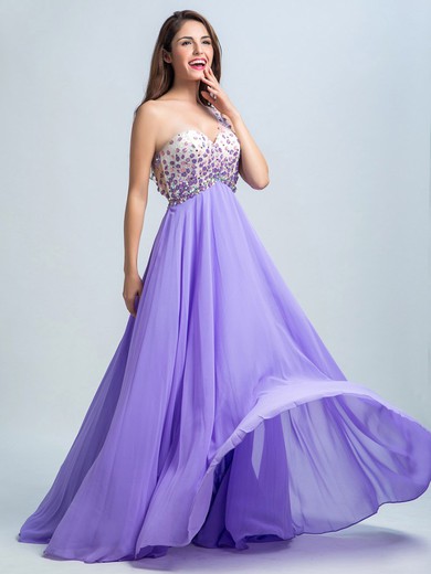 One Shoulder Beading Open Back Sweep Train Lavender Chiffon Tulle Prom Dresses #JCD020102300