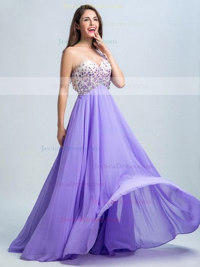 One Shoulder Beading Open Back Sweep Train Lavender Chiffon Tulle Prom Dresses #JCD020102300