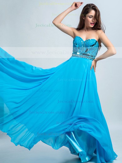 Pretty Blue Chiffon Floor-length Beading Sweetheart Prom Dresses #JCD020102301