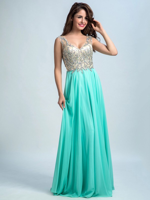 V-neck Chiffon Tulle Beading A-line Backless Prom Dresses