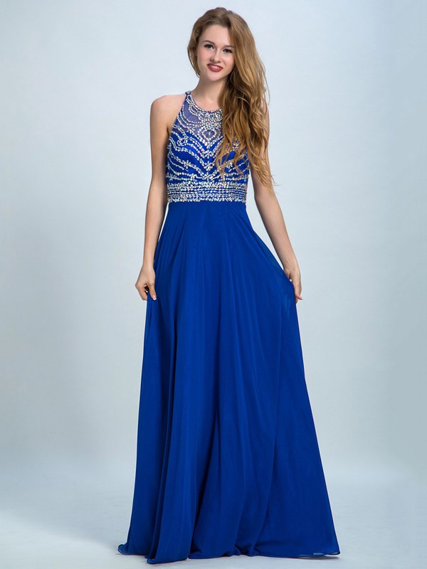Royal Blue Chiffon Tulle Scoop Neck Crystal Detailing A-line Backless Prom Dresses #JCD020102303