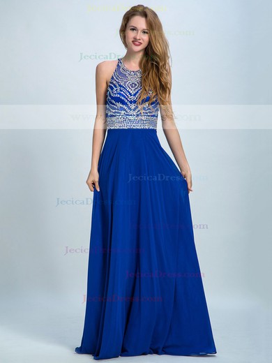 Royal Blue Chiffon Tulle Scoop Neck Crystal Detailing A-line Backless Prom Dresses #JCD020102303