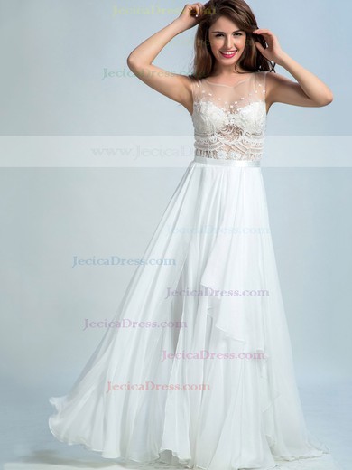 A-line Appliques Lace Scoop Neck White Chiffon Tulle Prom Dresses #JCD020102304