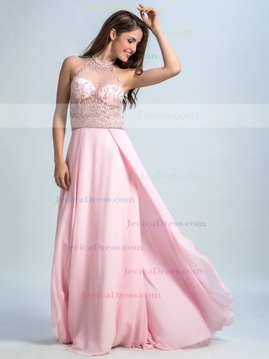 Scoop Neck Pink Chiffon Tulle Beading Open Back Floor-length Prom Dresses #JCD020102305