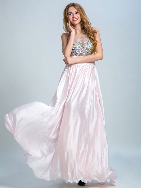 Scoop Neck Floor-length Crystal Detailing Pink Chiffon Tulle Prom Dresses