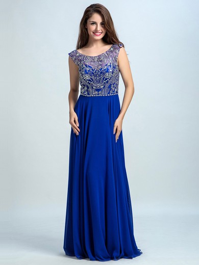 Scoop Neck Royal Blue Chiffon Tulle Beading Cap Straps A-line Prom Dresses #JCD020102309