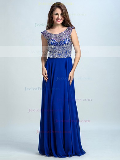 Scoop Neck Royal Blue Chiffon Tulle Beading Cap Straps A-line Prom Dresses #JCD020102309