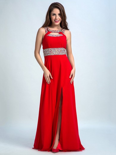 Scoop Neck Red Chiffon Beading Split Front Floor-length Prom Dresses #JCD020102311