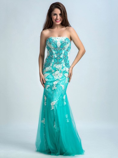Gorgeous Trumpet/Mermaid Appliques Lace Strapless Tulle Prom Dresses #JCD020102312