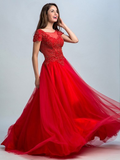 Red Tulle Sweep Train Beading Short Sleeve Scoop Neck Prom Dresses #JCD020102315