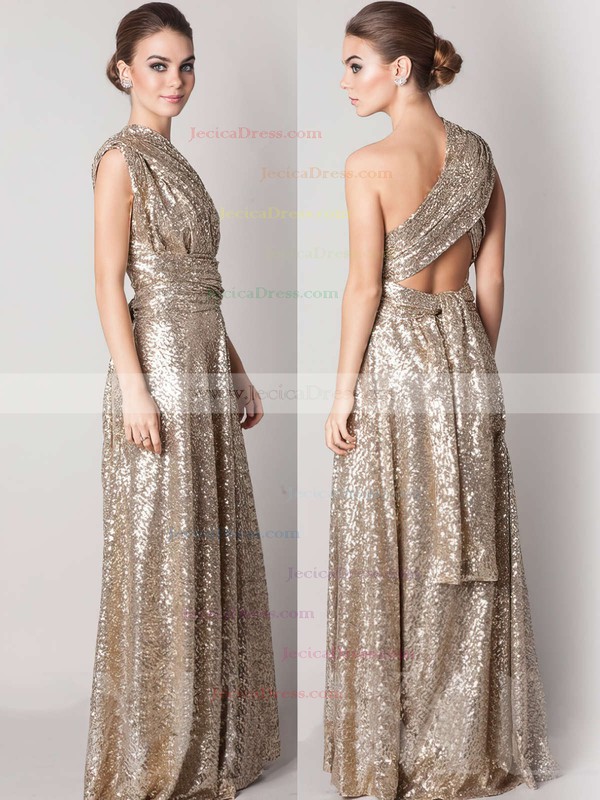 Backless Gold A-line V-neck Sequined Online Bridesmaid Dresses #JCD01012791