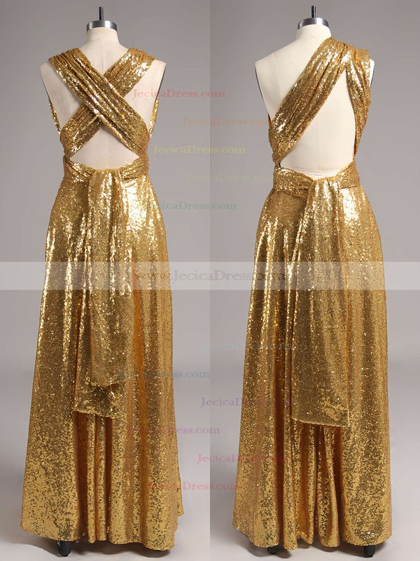 Backless Gold A-line V-neck Sequined Online Bridesmaid Dresses #JCD01012791