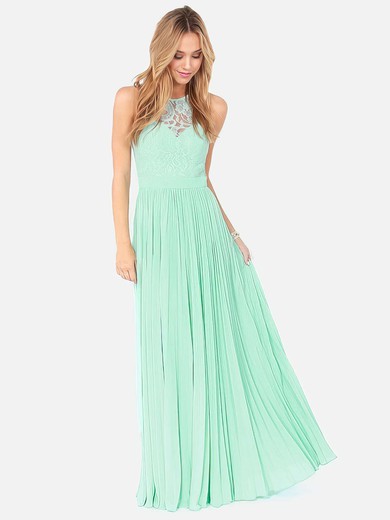 Elegant Scoop Neck Lace Chiffon with Pleats Sage Long Bridesmaid Dresses #JCD01012795