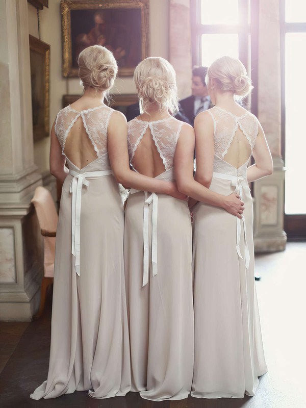 Unique Scoop Neck Lace Chiffon Sashes / Ribbons A-line Open Back Bridesmaid Dresses #JCD01012799