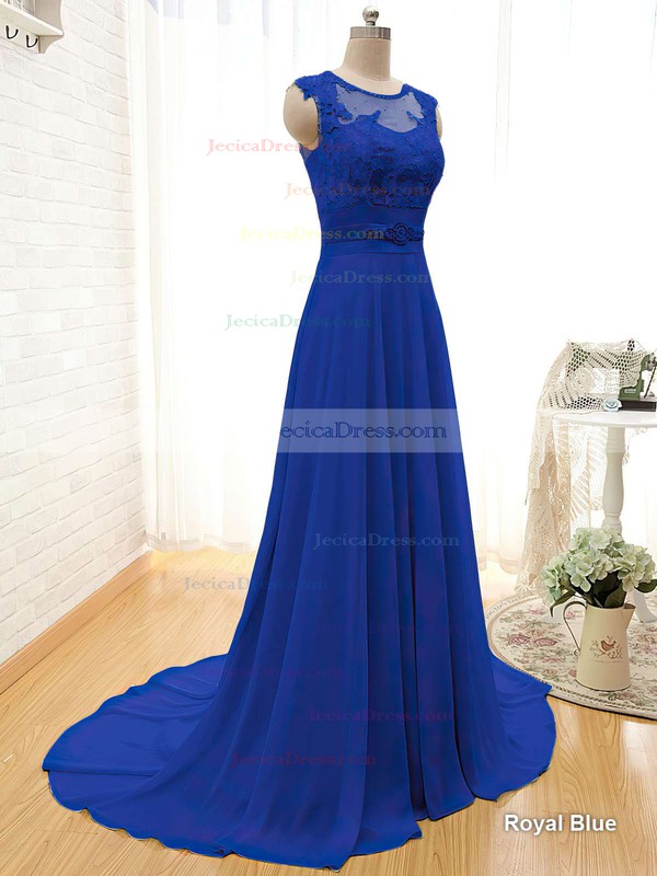 Affordable Scoop Neck Chiffon Appliques Lace Sage Court Train Bridesmaid Dresses #JCD01012804