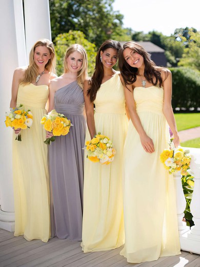A-line Light Yellow Chiffon Ruffles Classy One Shoulder Bridesmaid Dresses #JCD01012806