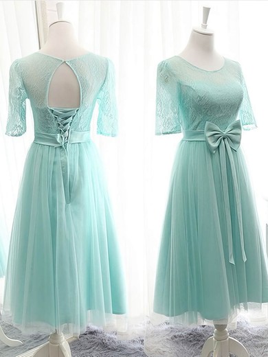 Great Scoop Neck Lace Tulle with Bow Knee-length 1/2 Sleeve Bridesmaid Dresses #JCD01012824