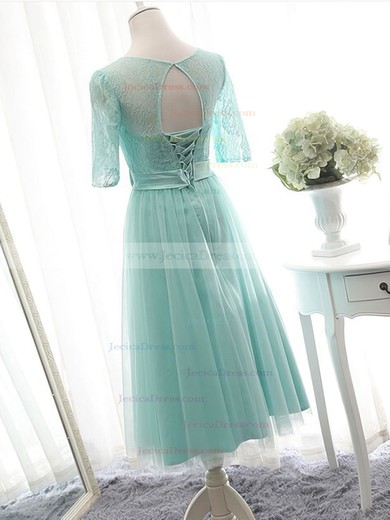 Great Scoop Neck Lace Tulle with Bow Knee-length 1/2 Sleeve Bridesmaid Dresses #JCD01012824