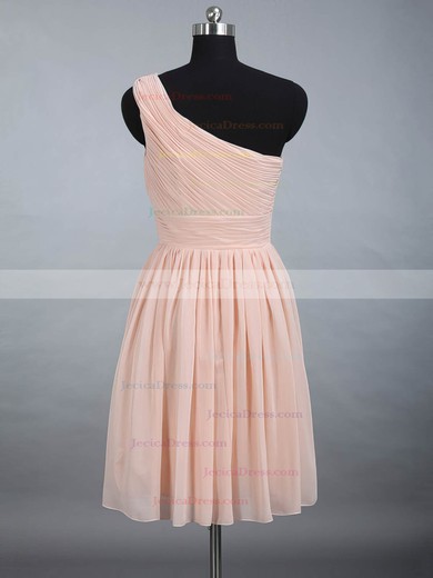 One Shoulder Prettiest Chiffon Ruched Pink Knee-length Bridesmaid Dress #JCD01012887