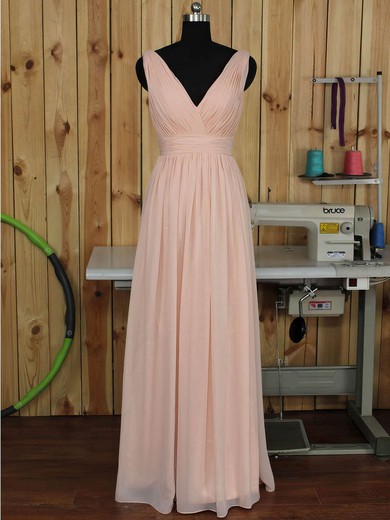 V-neck Floor-length Ruched Chiffon Pink Backless Bridesmaid Dress #JCD01012891