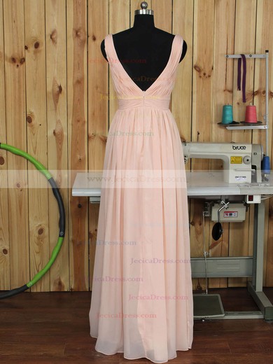 V-neck Floor-length Ruched Chiffon Pink Backless Bridesmaid Dress #JCD01012891