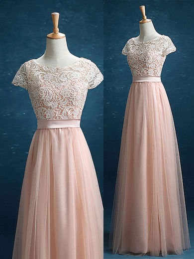 Junior Scoop Neck Lace Tulle Sashes / Ribbons Floor-length Short Sleeve Bridesmaid Dress #JCD01012895