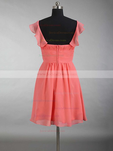 V-neck Chiffon Ruffles Beautiful Watermelon Short/Mini Bridesmaid Dress #JCD01012897