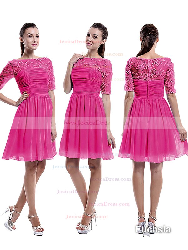 Nice Scoop Neck Chiffon Tulle Appliques Lace 1/2 Sleeve Knee-length Bridesmaid Dress #JCD01012898